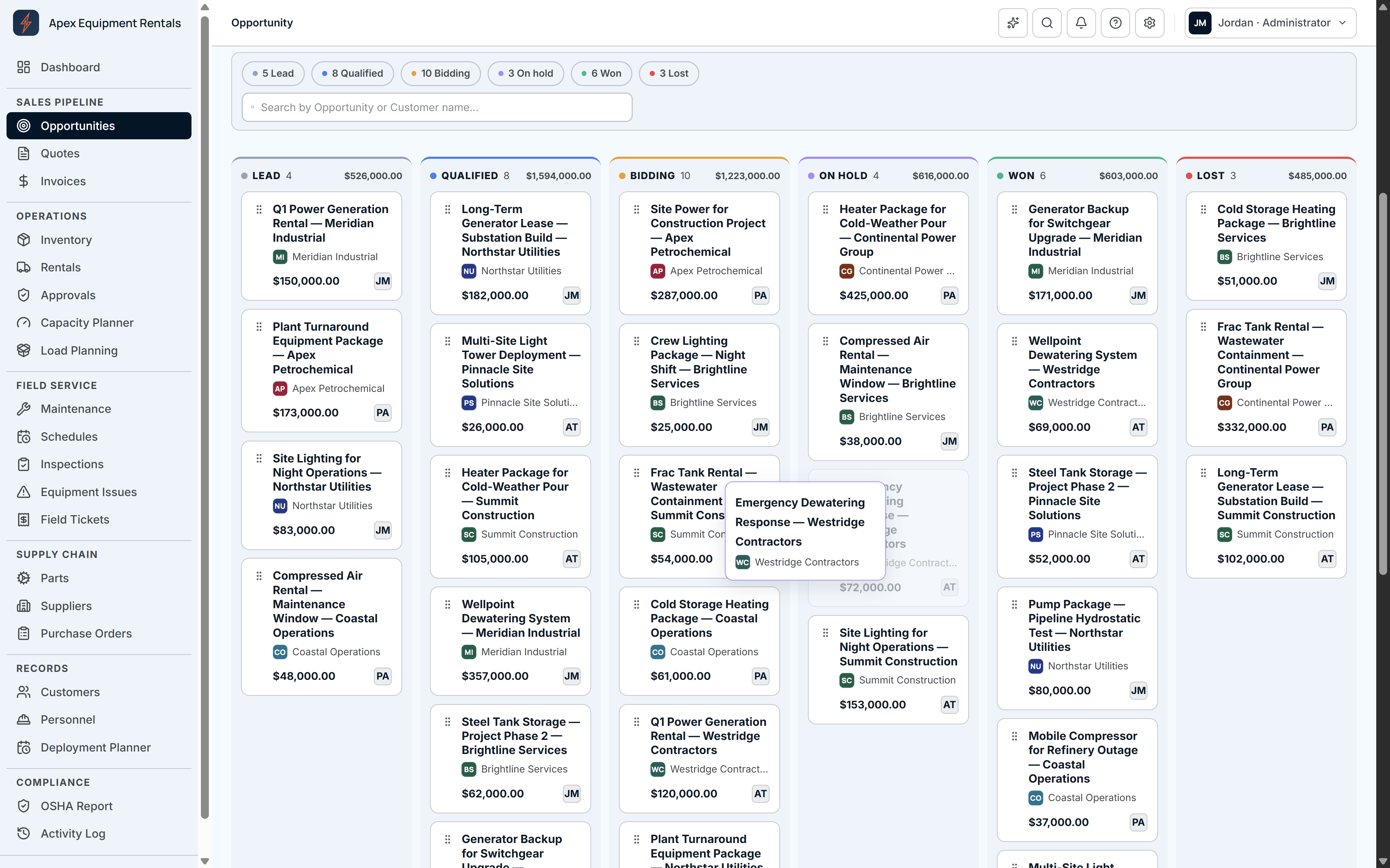 IronClad opportunities pipeline showing pending, qualified, quote-submitted, awarded, and lost stages with deal values