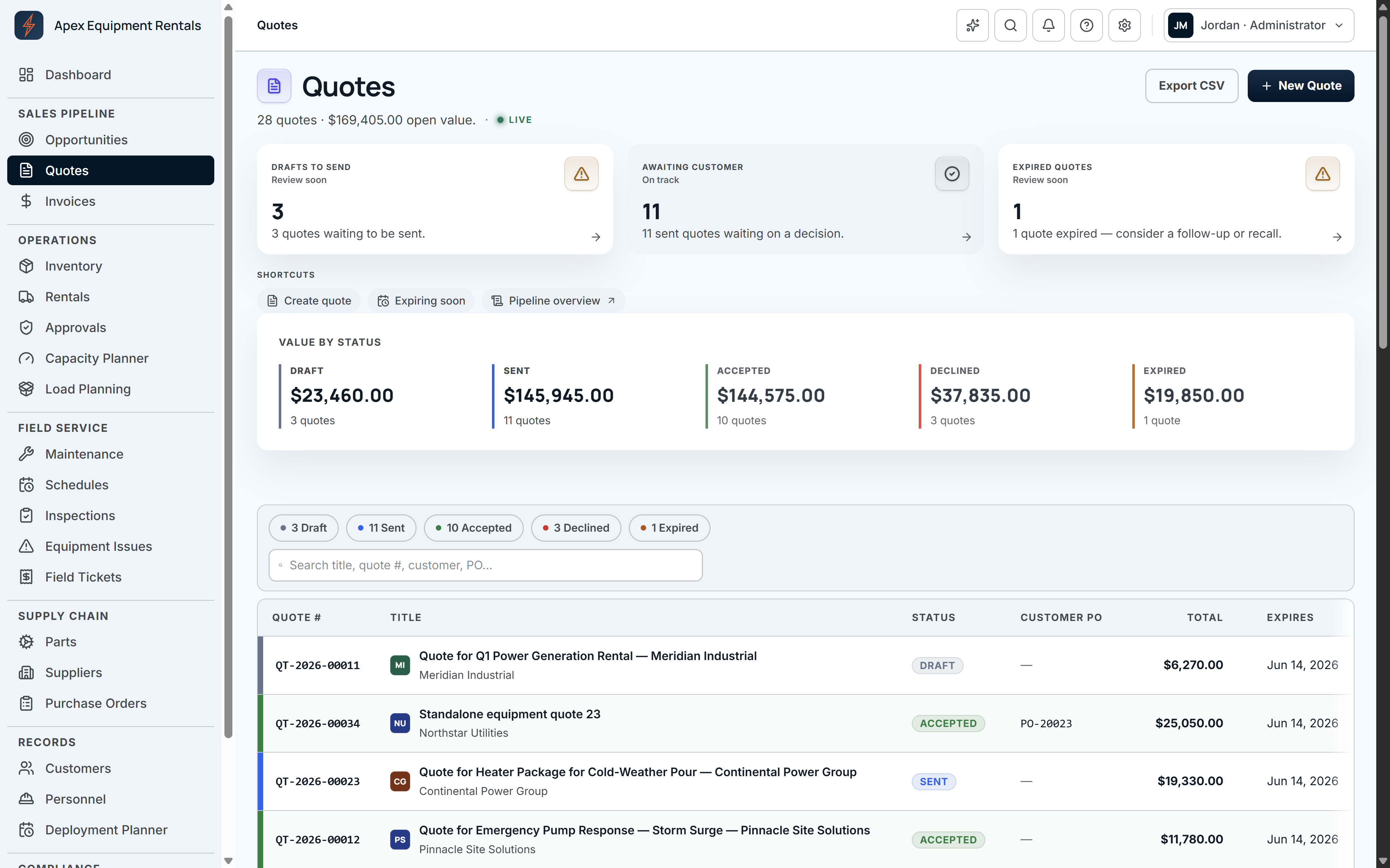 IronClad quote detail view showing line items, billable rates, customer terms, and PDF preview